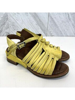 AS98 Yellow Leather Gladiator Strappy Flats Sandals Shoes Womens Size 37 US 7